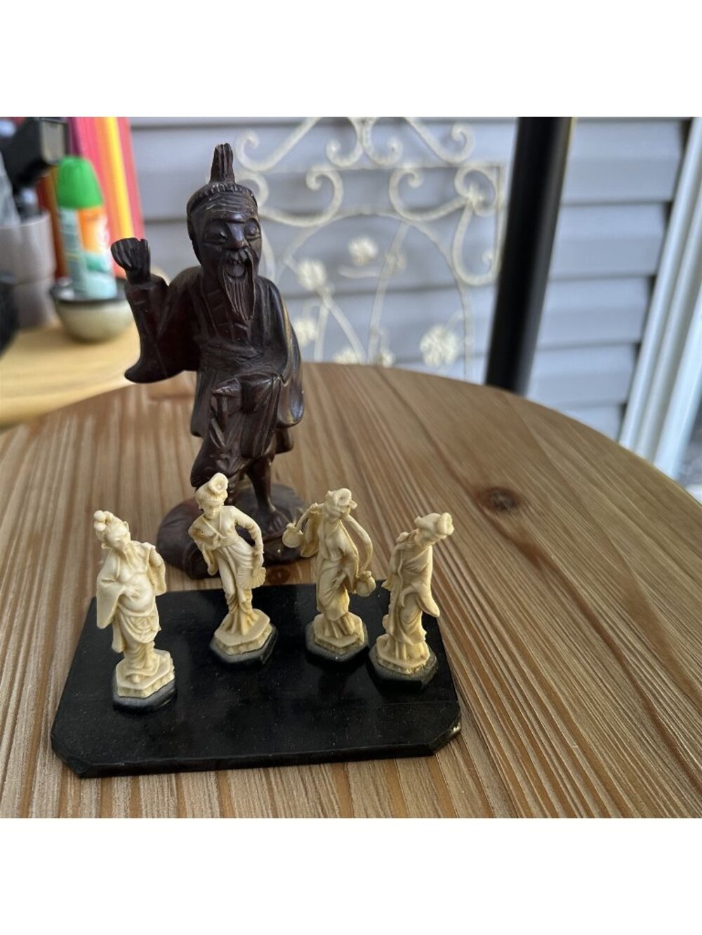 Vintage Asian Figurines Lot of 5 Large Wood Carved and 4 Small Plastic Warriors